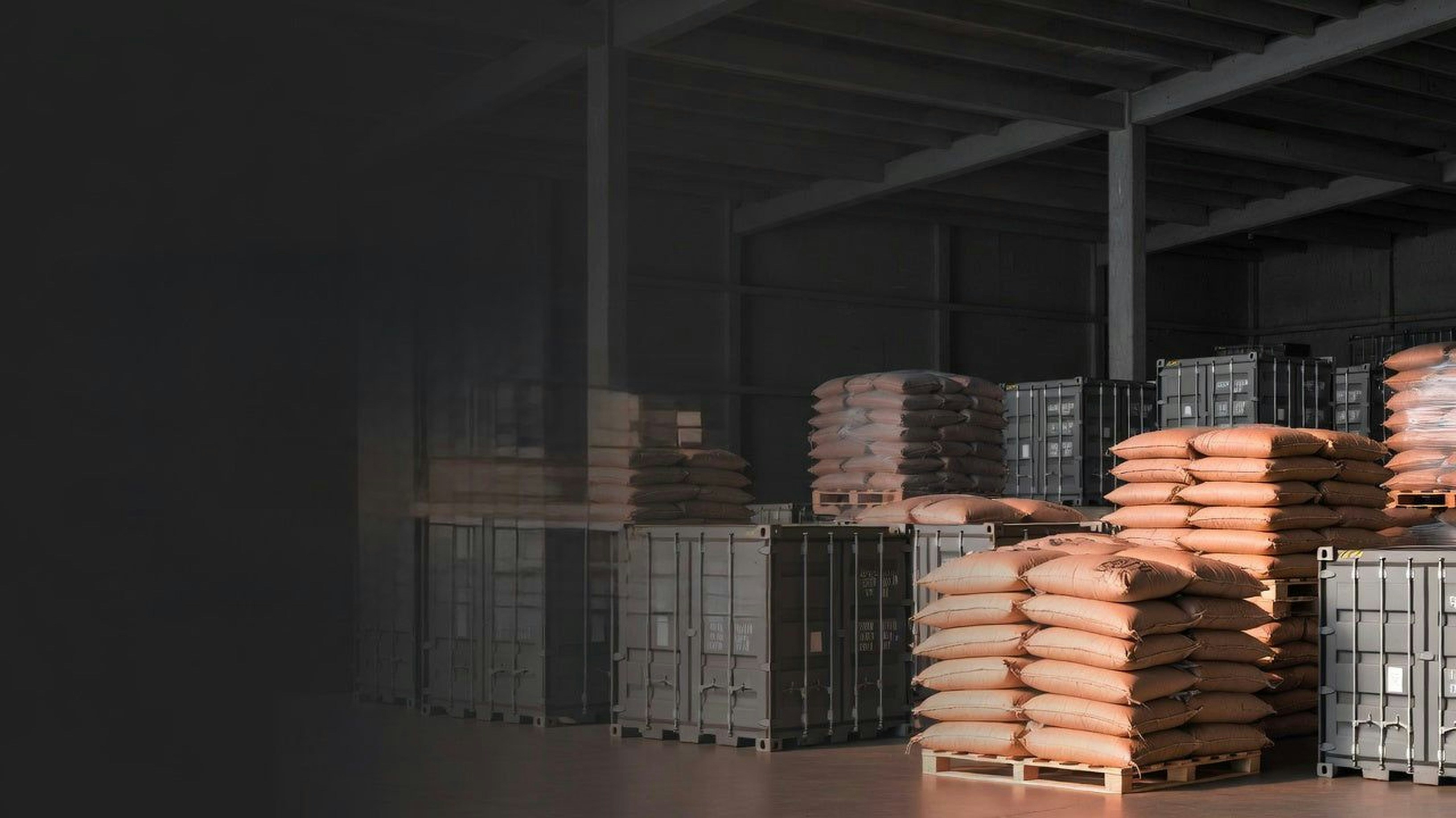 Bodega con sacos y contenedores